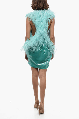 Sequined Mini Dress with Feathers Application
