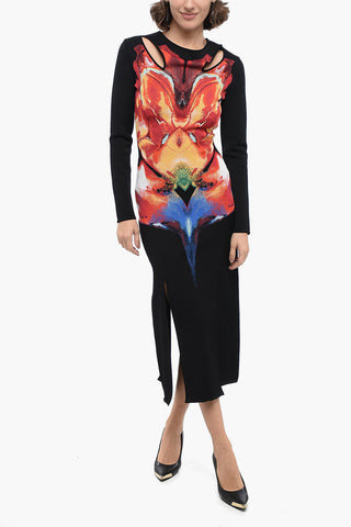 Knitted Cut-out Sheath Dress with Jacquard Floral Pattern