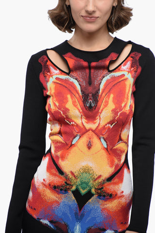 Knitted Cut-out Sheath Dress with Jacquard Floral Pattern