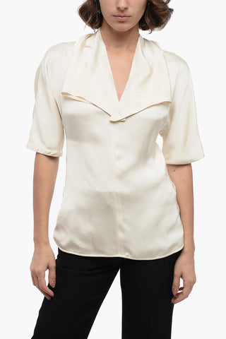 Blusa a Maniche Corte in Satin con Collo Sailor