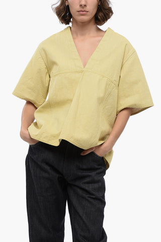 Blusa Asimmetrica in Denim con Scollo a V