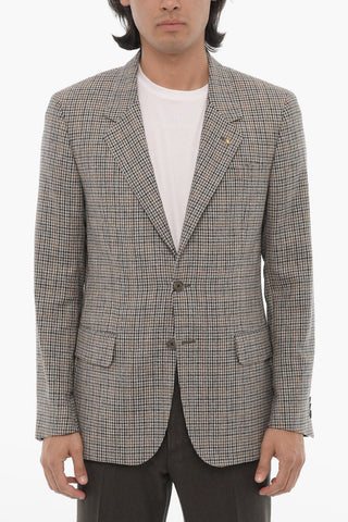 CC COLLECTION Check Virgin Wool and Silk 2-Button Blazer With Notch Lapel
