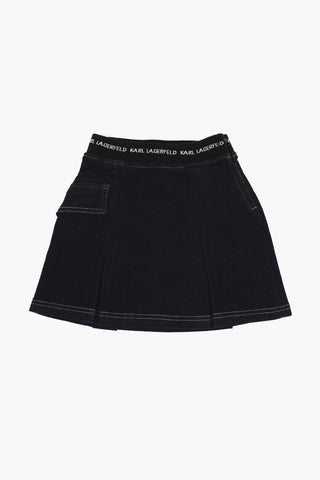 Pleated Denim Skirt with Logoed Band Waist