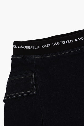 Pleated Denim Skirt with Logoed Band Waist