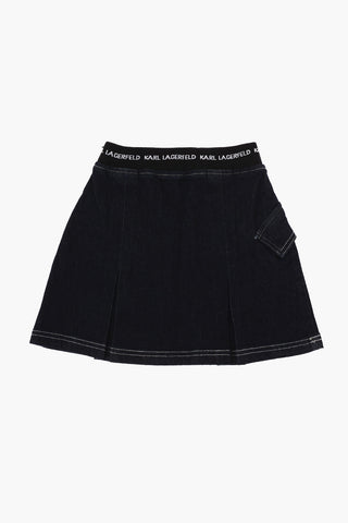 Pleated Denim Skirt with Logoed Band Waist