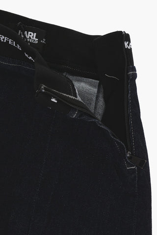 Pleated Denim Skirt with Logoed Band Waist