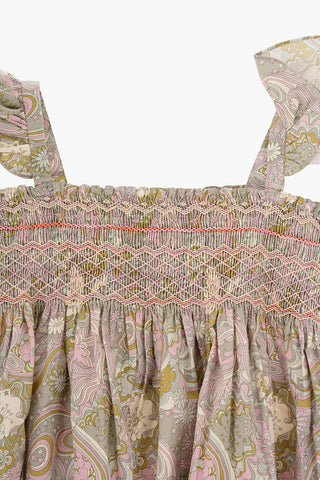 Floral-Motif Flared Dress with Pleats