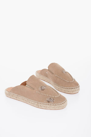 Leather Slides With Stitching Detail And Espadrillas Soles