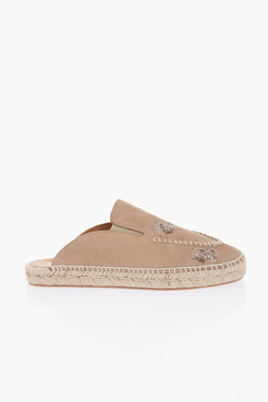 Leather Slides With Stitching Detail And Espadrillas Soles
