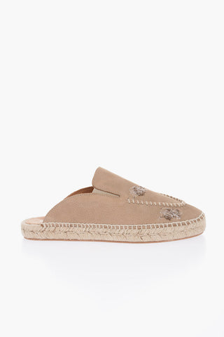 Leather Slides With Stitching Detail And Espadrillas Soles