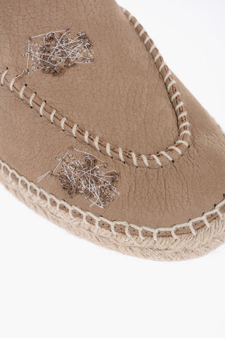 Leather Slides With Stitching Detail And Espadrillas Soles