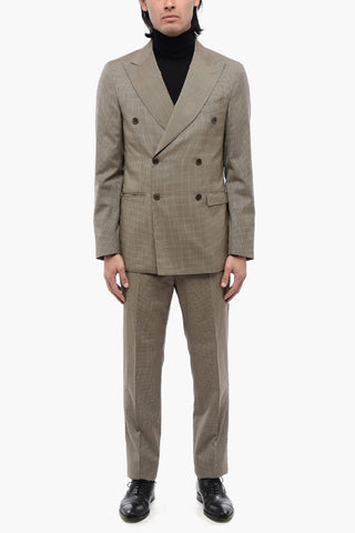 CC COLLECTION Double-breasted Virgin Wool Suit with Houndstooth Motif
