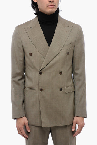 CC COLLECTION Double-breasted Virgin Wool Suit with Houndstooth Motif