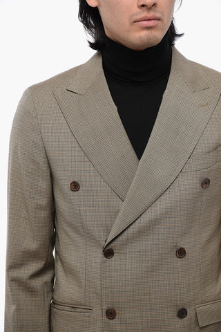 CC COLLECTION Double-breasted Virgin Wool Suit with Houndstooth Motif