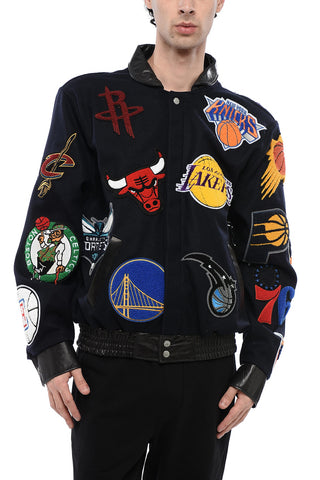 Wool Multi-Patches Varsity Bomber Jacket with Leather Trims