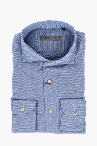 Camicia in Lino con Motivo Micro Pied de Poule