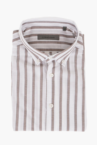Awning Stripe Cotton Blend Shirt with Button-down Collar