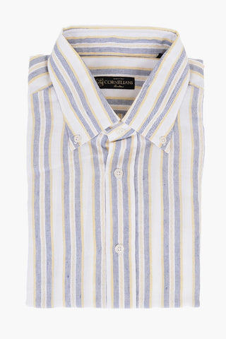 Button-down Linen Blend Shirt with Balanced Stripe Motif