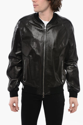 Leather Bomber Fit Jacket with Logoed Elastic Band