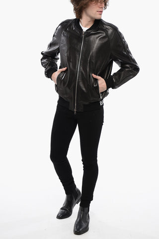 Leather Bomber Fit Jacket with Logoed Elastic Band