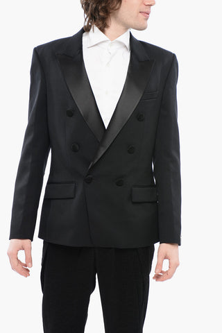 Double-breasted Stretch Wool Blazer with Satin Lapel