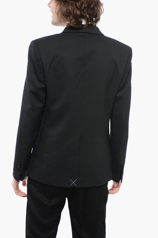 Double-breasted Stretch Wool Blazer with Satin Lapel