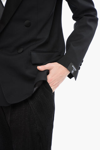 Double-breasted Stretch Wool Blazer with Satin Lapel