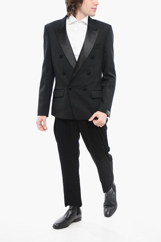 Double-breasted Stretch Wool Blazer with Satin Lapel