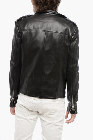 Giubbotto in Pelle con Zip Decentrata e Drappeggio Frontale