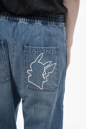 BALMAIN X POKEMON Shorts Gaucho in Denim con Elastico in Vita