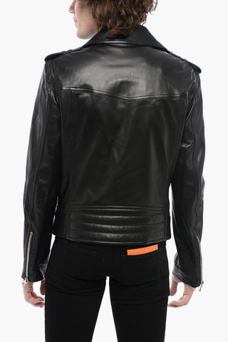 Leather Biker Jacket with Decentralized Zip