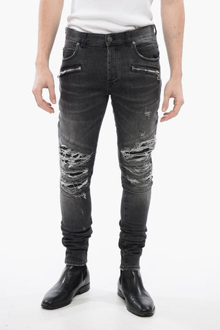 Jeans Multitasca in Denim Distressed con Inserti Biker in Pelle 14cm