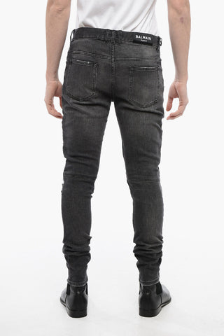 Jeans Multitasca in Denim Distressed con Inserti Biker in Pelle 14cm