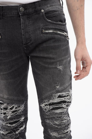 Jeans Multitasca in Denim Distressed con Inserti Biker in Pelle 14cm