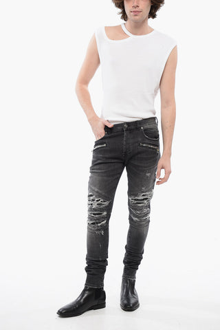 Jeans Multitasca in Denim Distressed con Inserti Biker in Pelle 14cm