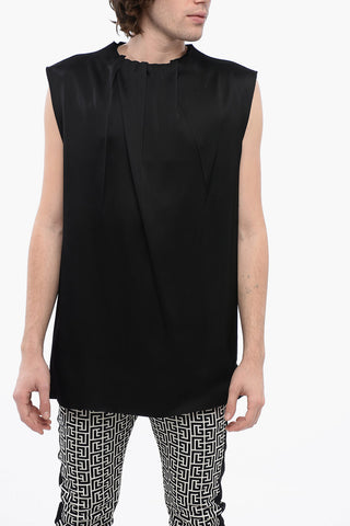 Tank Top in Misto Seta con Collo Drappeggiato