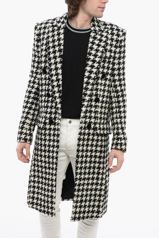Houndstooth Patterned Tweed Coat with Velour Buttons