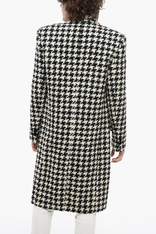 Houndstooth Patterned Tweed Coat with Velour Buttons