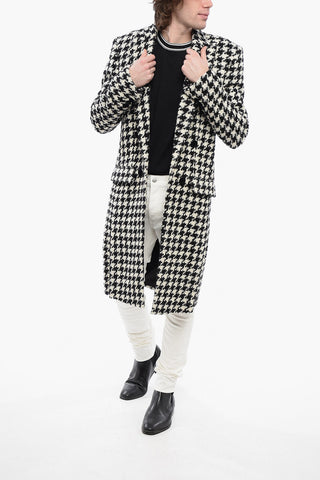 Houndstooth Patterned Tweed Coat with Velour Buttons