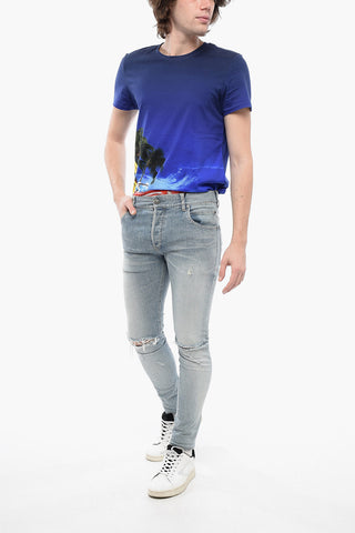 Slim Fit Distressed Denims with Logoed Pocket 13cm