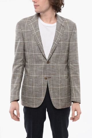Blazer in Misto Lino con Motivo a Quadri 