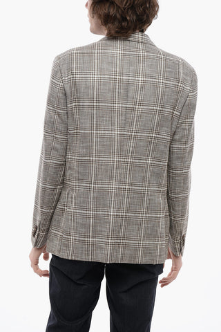 Blazer in Misto Lino con Motivo a Quadri 
