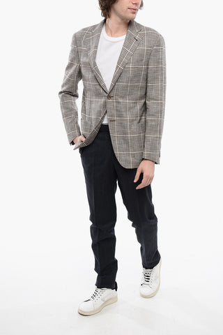 Blazer in Misto Lino con Motivo a Quadri 