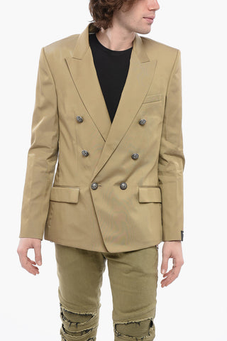 Double-breasted Cotton Blend Unlined Blazer with Logoed Buttons