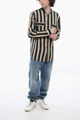 Balanced Stripe Viscose Blend Shirt with Mandarin Collar