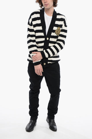 Awning Striped Cotton Cardigan with Embroidered Emblem
