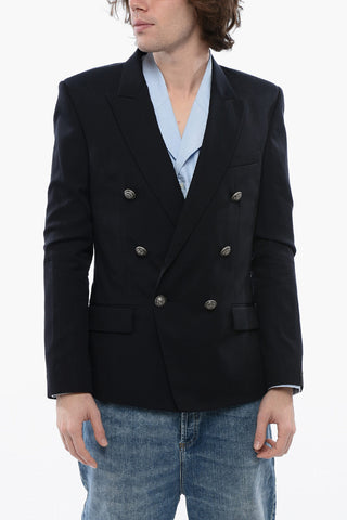 Double-breasted Cotton Blend Blazer with Peak Lapel