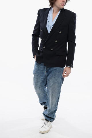 Double-breasted Cotton Blend Blazer with Peak Lapel