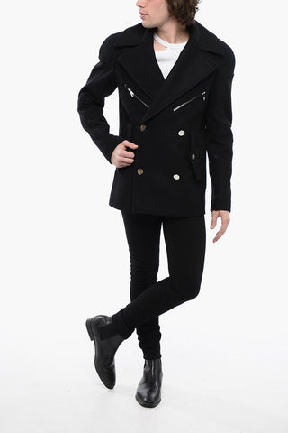 Double-breasted Virgin Wool Blend Coat with Logoed Buttons
