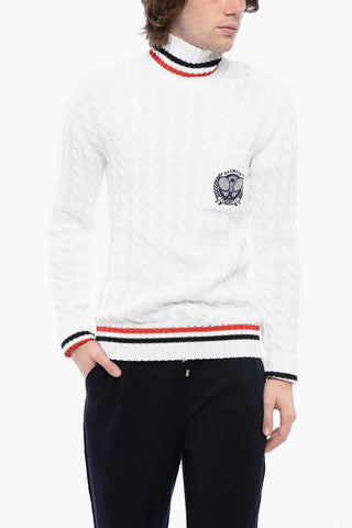 Turtleneck Cable Knit Cotton Sweater with Embroidered Emblem